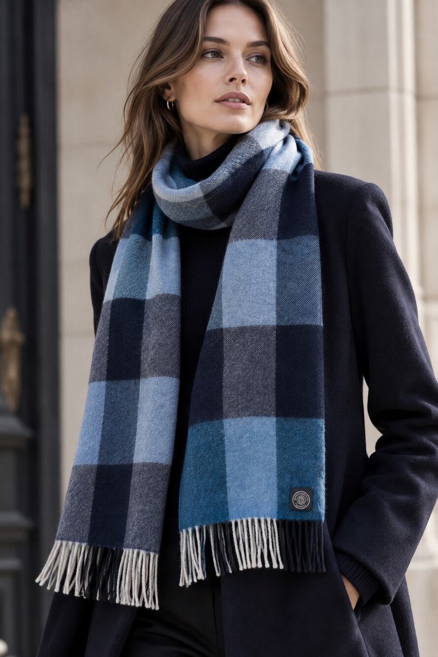 Morgan & Oates 100% Cashmere Scarf Made in UK Blue Plaid Check Fringe 64 inches